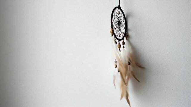 Dreamcatcher with feathers and beads hanging on a white wall, serene decoration