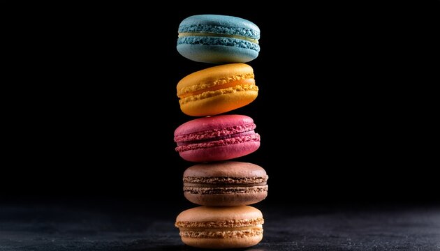 vertical row of colorful macarons stacked in mid air on black background - Powered by Adobe