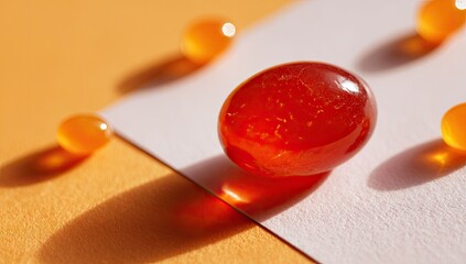 Shiny red beads on paper against orange
