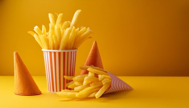 french fries in a paper cup and paper cornet on yellow background