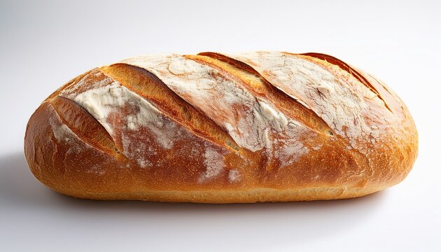 long artisan loaf of bread with a cracked crust and flour top on white background - Powered by Adobe