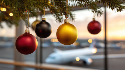 Close-up of black, red, and yellow Christmas ornaments on a tree inside an airport terminal with a commercial airplane outside the window