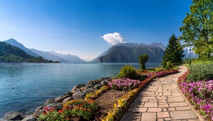 scenic lakeside path a stone pathway winds through a vibrant garden leading to a tranquil lake against a backdrop of gentle mountains evoking peace and serenity