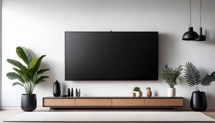 Fototapeta premium mockup white wall background modern living room decor with a tv cabinet and plants mock up white wall and a black flat screen television