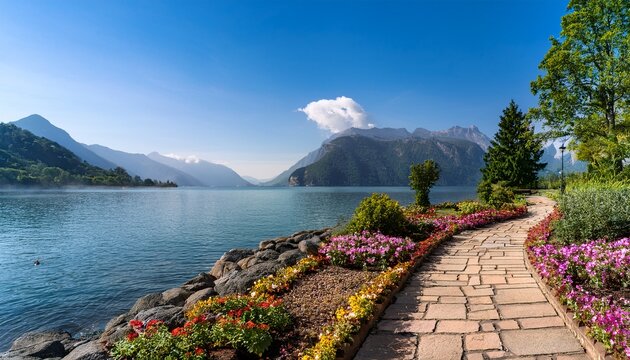 scenic lakeside path a stone pathway winds through a vibrant garden leading to a tranquil lake against a backdrop of gentle mountains evoking peace and serenity - Powered by Adobe