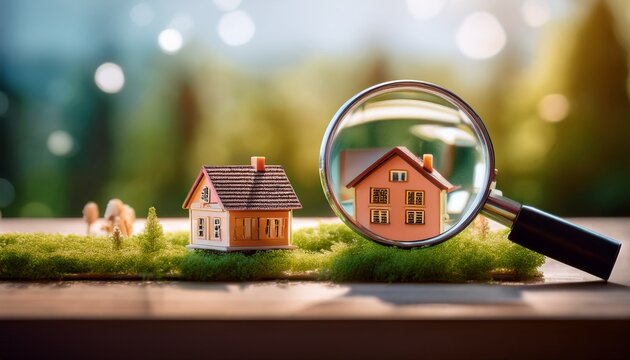 home inspection a magnifying glass focuses on a miniature house suggesting a thorough examination or the meticulous search for the perfect property this image conveys concepts of real estate