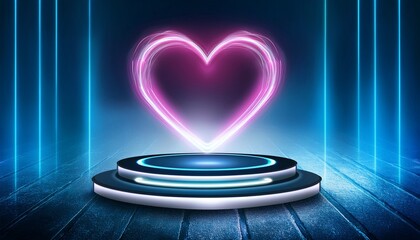 neon heart glowing on futuristic round platform on dark room