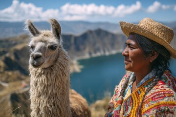 Obraz premium Llama and Local Woman Overlooking Scenic Andes