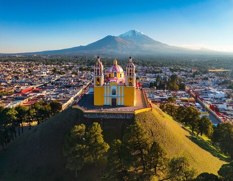 cholula puebla mexico aerial view of the remedios church on the top of the great pyramid popocatepetl volcano at the background