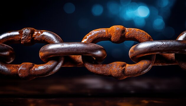 a close up of a rusty steel chain with thick metal links isolated on a dark background - Powered by Adobe