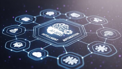 AI-RPA Concept Unveiled, Precision Automation Across a Low Poly Hexagonal Grid, Glowing White Icons Signifying Seamless Digital Transformation