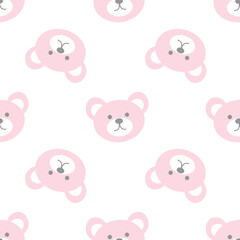 Baby bear face seamless pattern, pink. Cute baby bear background, nursery. Teddy face toddler pattern, pastel tile