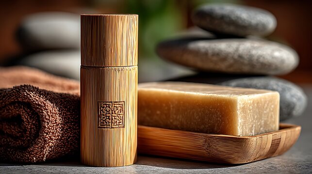 Sustainable bamboo packaging with organic soap display high resolution picture