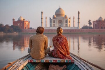 Couple Admiring Taj Mahal at Sunrise