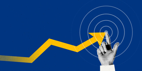 Achieve business goal and financial success. Halftone cut out hand pointing at dartboard target, strong growth strategy concept. Modern retro art collage vector illustration with rising arrow chart