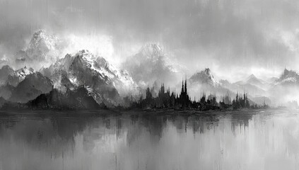 Misty mountains mirror in lake, ominous dark city