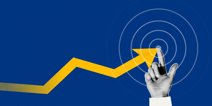 Achieve business goal and financial success. Halftone cut out hand pointing at dartboard target, strong growth strategy concept. Modern retro art collage vector illustration with rising arrow chart