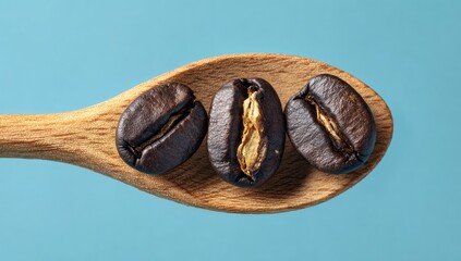 Roasted coffee beans on wooden spoon