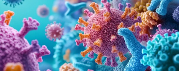 Fototapeta premium Colorful Microscopic View of Virus Cells, Science, Medical