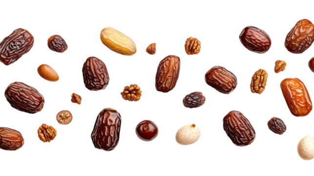Assorted Dates and Nuts on Transparent Background