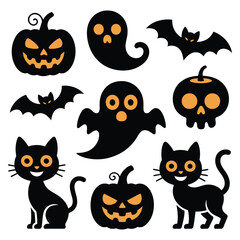 Fototapeta premium Spooky halloween icons featuring jack o lanterns ghosts black cats and bats for festive decorations and celebrations