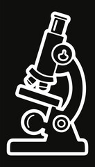 Black and white flat illustration of the microscope logo on a black isolated background. Vector graphics. EPS.