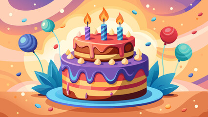 Very beautiful birthday cake with lit candles against a soft pastel background, presenting clean tones, gentle highlights, and a sweet celebratory atmosphere perfect for stock-ready design.