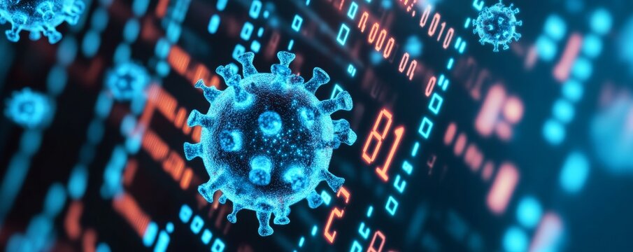 Digital Virus Blue Corona and Binary Code Illustration, pandemic, cybersecurity