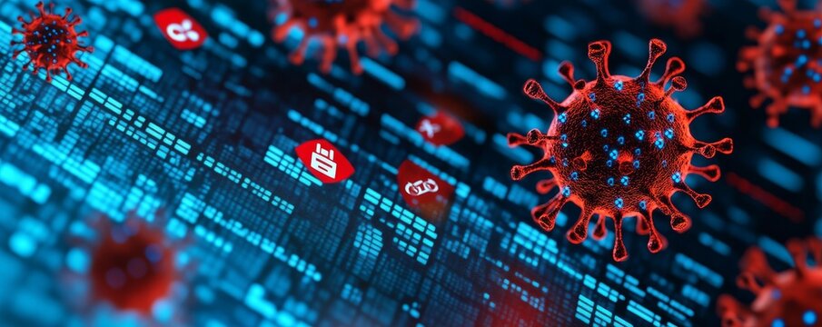 Digital Virus Red Pathogen on Binary Code, Pandemic , Cyberattack