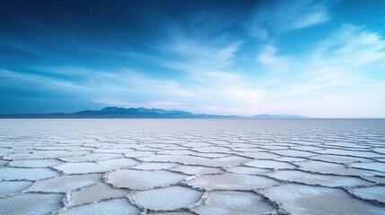 Vast Hexagonal Salt Flats Under a Dramatic Blue Sky with Distant Mountains