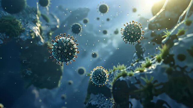 Microscopic World: A surreal journey into the unseen realm reveals a cluster of microscopic entities floating in a tranquil environment.