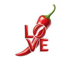 Red hot chili pepper forming the word love with a swirl isolated on transparent background