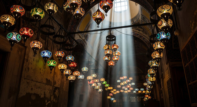 Colorful mosaic glass lanterns hanging in a sunlit ancient hall with light rays Keywords: lantern, mosaic, glass, colorful, hanging, light, sunbeam, rays - Powered by Adobe