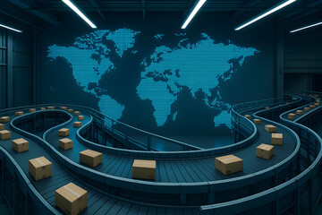 Modern distribution center with cardboard boxes on serpentine conveyor belts in front of glowing digital world map representing global shipping and ecommerce fulfillment logistics
