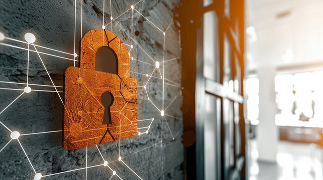 Cyber security lock icon on digital network wall
