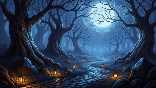 Enchanted forest path illuminated by lanterns and moonlight