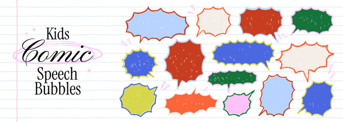 Kids comic speech bubbles with bold crayon outlines. Colorful star shaped forms. Hand drawn chalk silhouette elements for text. Vector empty text box frames. Cute pencil charcoal funky figures.