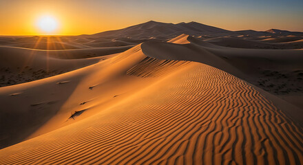 Golden Desert Dunes Under a Setting Sun With Rippled Sand Patterns Keywords: desert, sand dunes, sunset, golden hour, arid, landscape, nature, sand, ripple