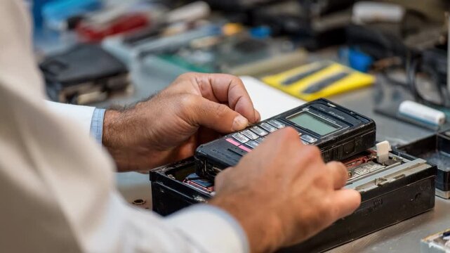 Technician carefully replacing a lithium battery in a classic pager to maintain reliable communication in professional settings