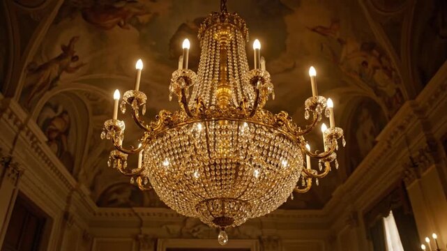 Opulent crystal chandelier illuminating a grand room with vaulted ceiling