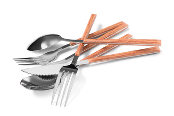 Set of silver cutlery on white background