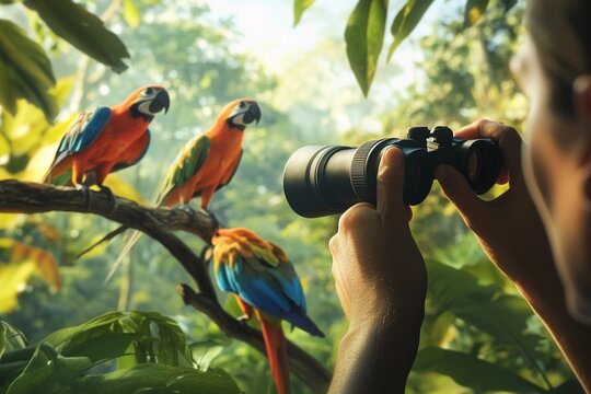 Birdwatcher observing colorful tropical birds in forest