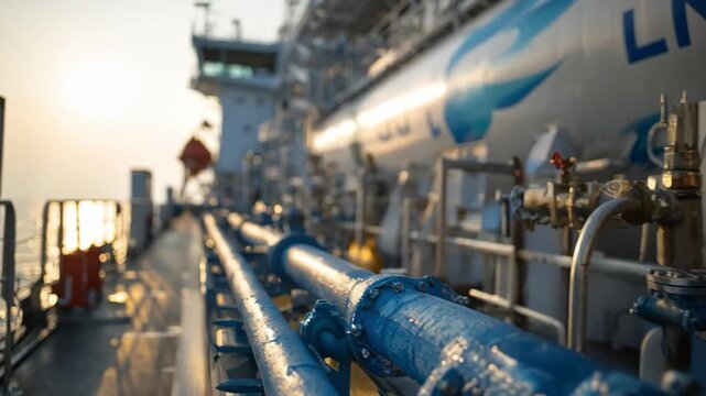 Medium shot of LNG fueling on a modern vessel highlighting ecofriendly liquefied natural gas transfer equipment and safety protocols.