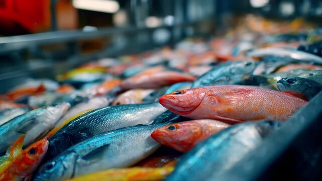 Medium shot of mixed fresh and frozen fish being sorted by an automated system highlighting hightech sensors and robotic arms in a seafood plant.