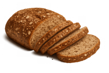 Sliced whole grain bread loaf with seeds, freshly baked, offering nutrition and healthy diet