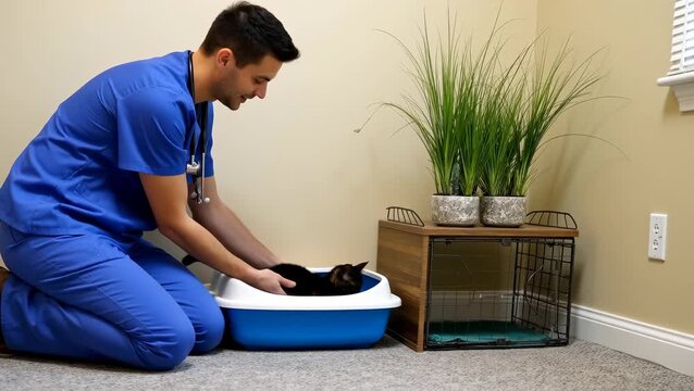 Veterinarian Assisting Black Cat with Litter Box Training