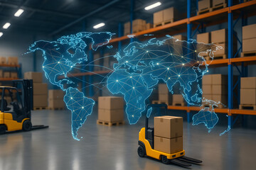 Smart warehouse interior with forklifts moving pallet boxes beneath holographic world map network representing connected global logistics, inventory tracking and supply chain management
