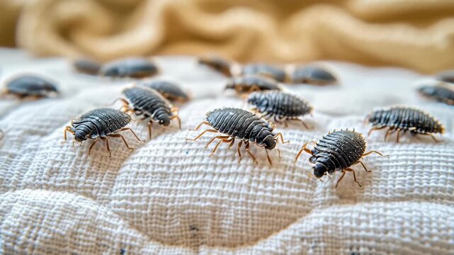 Bed Bugs Infestation: A macro photograph presents bed bugs crawling on a mattress. revealing the potential hazards of pest and health concerns