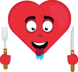 vector illustration emoticon character heart cartoon, with a hungry expression, tongue sticking out with drool saliva, a knife and fork in his hands