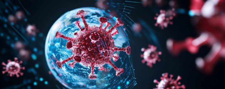 Microscopic Virus Cells Over Earth, Pandemic , Microscopic